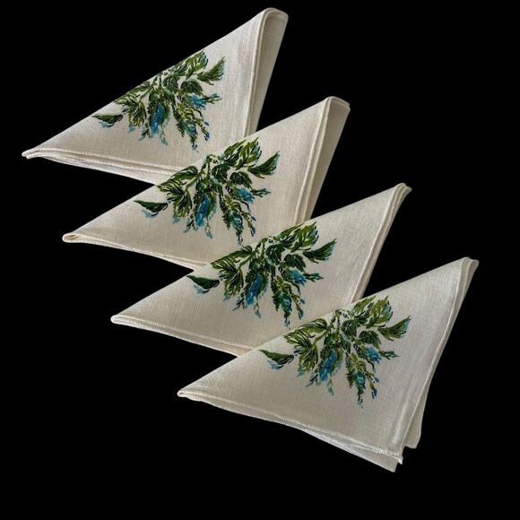 Lot of 4 Linen Cloth Napkins Blue Green Floral  11" x 11" Dining Luncheon - Picture 1 of 4